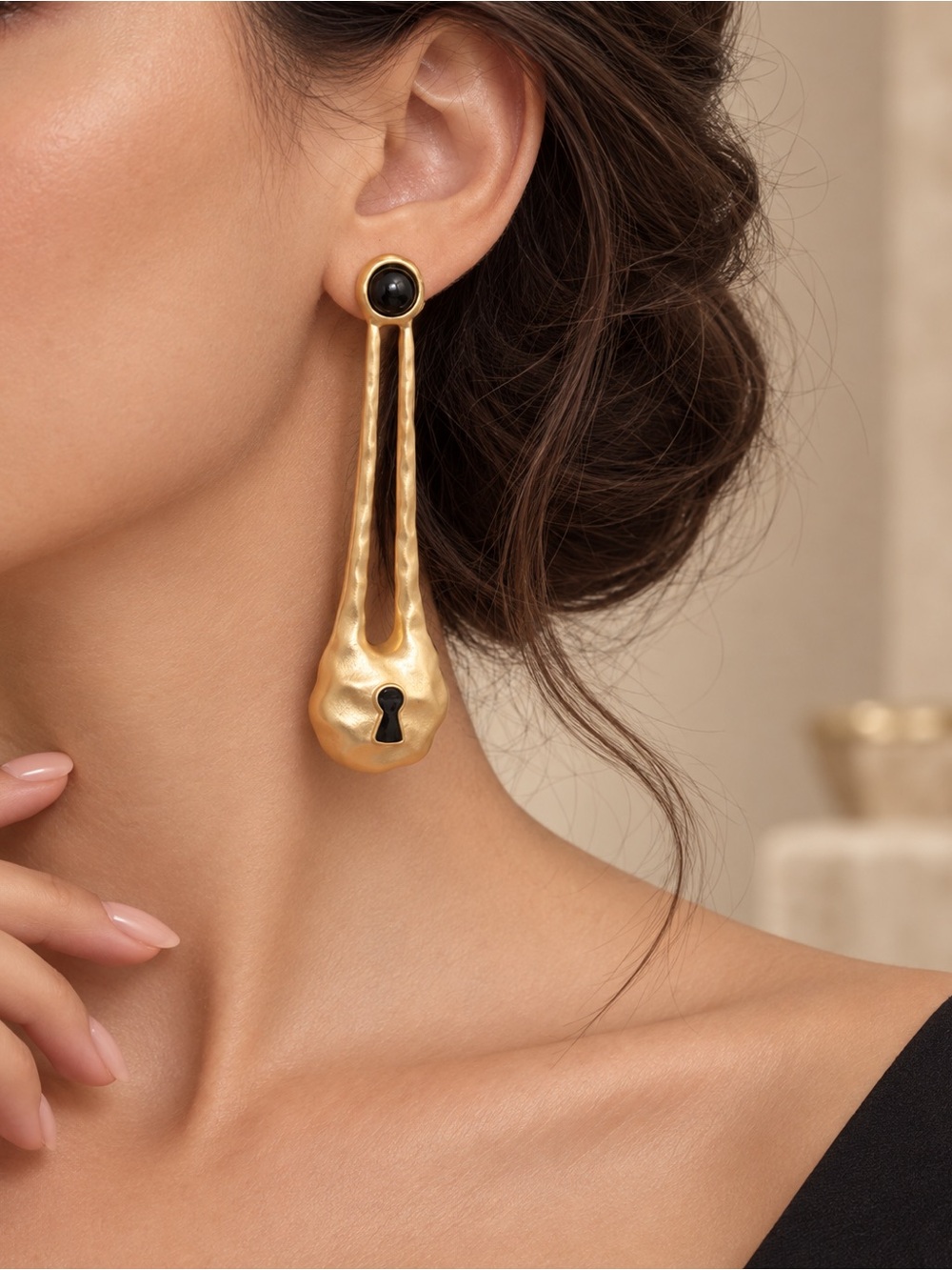 Gold Keyhole Drop Earrings with Black Accent